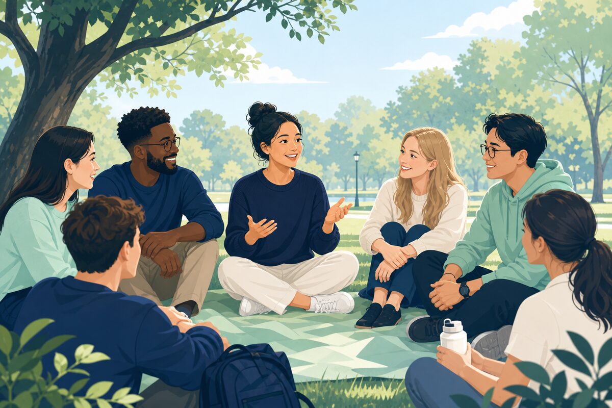 Members of a club gathered outdoors smiling and talking